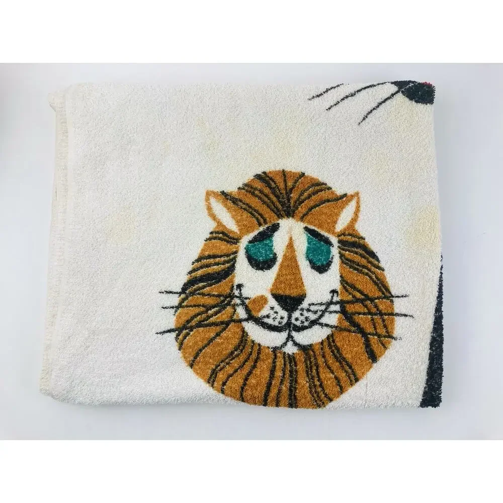 Vintage 1950s 60 Cannon Terry Beach Towel Tiger Pop Art Lion Graphic Black Cat O